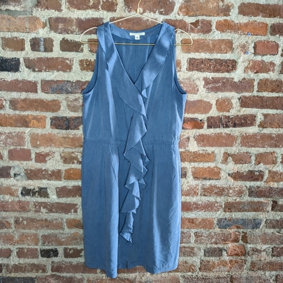 Banana Republic 100% Silk Size 14 Blue Grey‎ Button Front Dress w/ Elastic Waist - Picture 1 of 9
